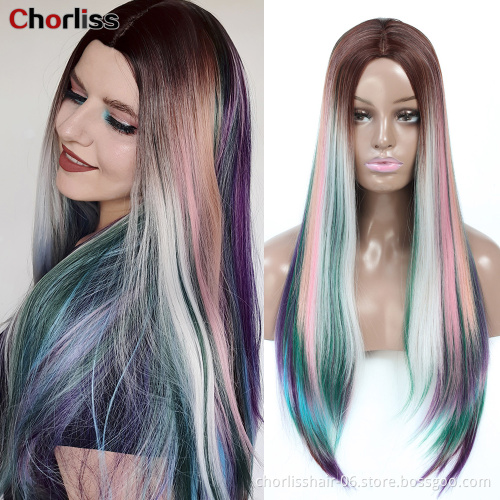 Hot Sale 24inch Win Red Rainbow Long Straight Hair Wig Ombre Heat Resistant Full Cheap Woman Synthetic Hair Wigs Cosplay